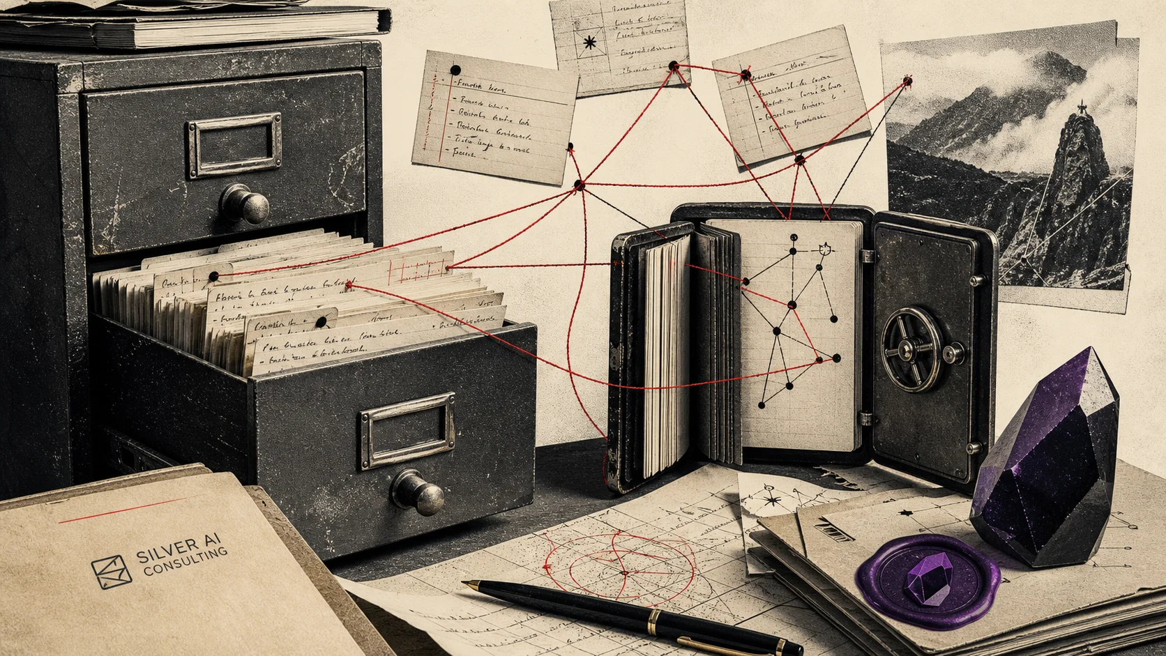 Surreal editorial collage of a second brain filing system with an Obsidian crystal and the Silver AI mark printed on a folder